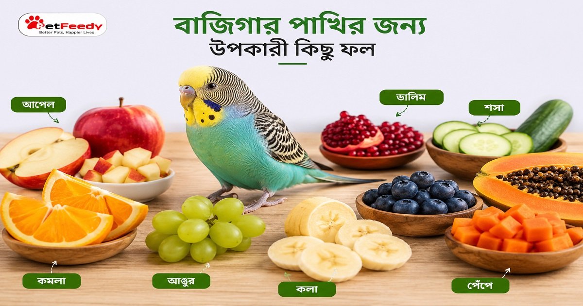 বাজিগার পাখির জন্য নিরাপদ ও উপকারী ফল যেমন আপেল, কলা, কমলা, আঙুর, ডালিম ও পেঁপে