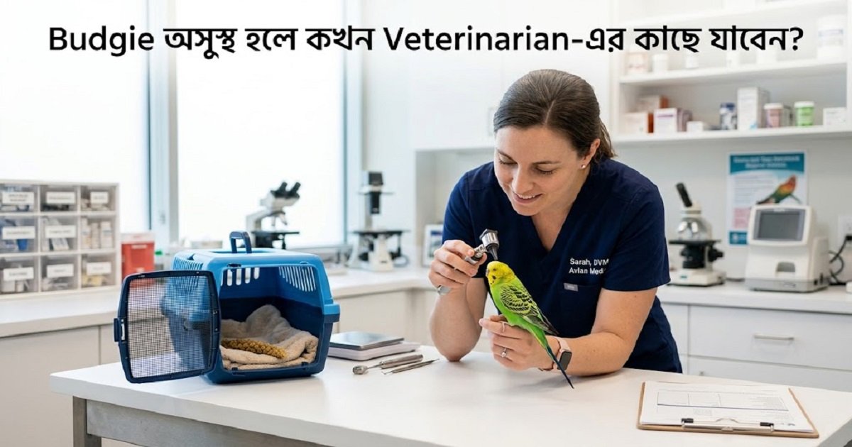 Avian veterinarian examining a Budgie bird in a professional veterinary clinic