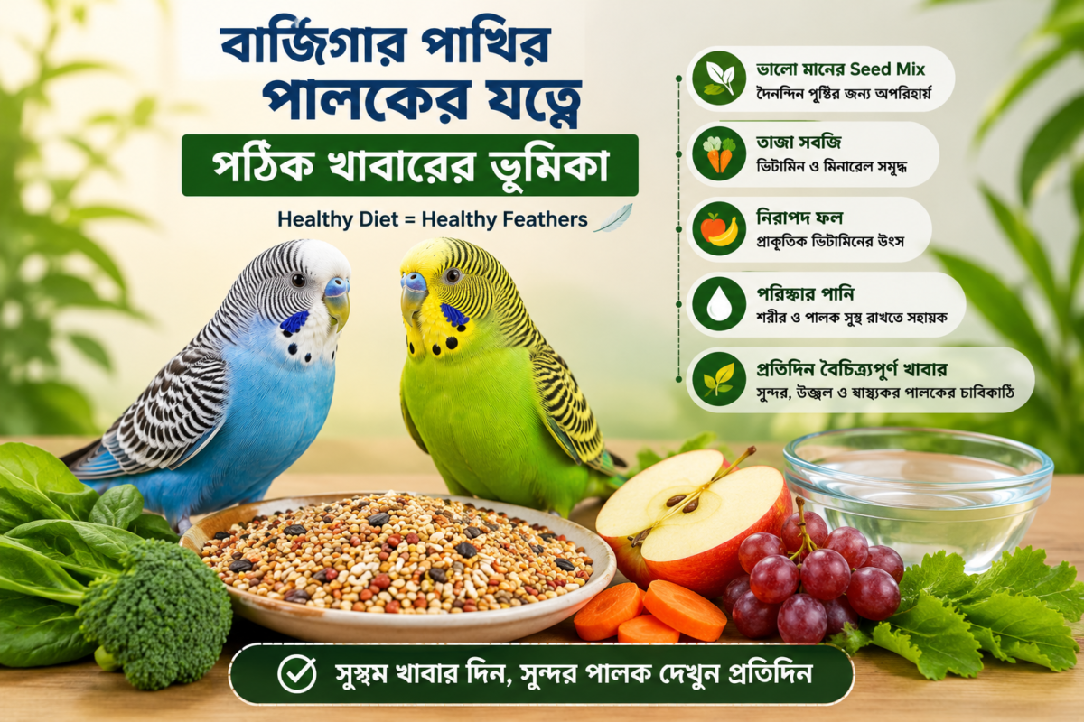 দুইটি বাজিগার পাখির সঙ্গে Seed Mix, সবজি, ফল ও পরিষ্কার পানির ছবি