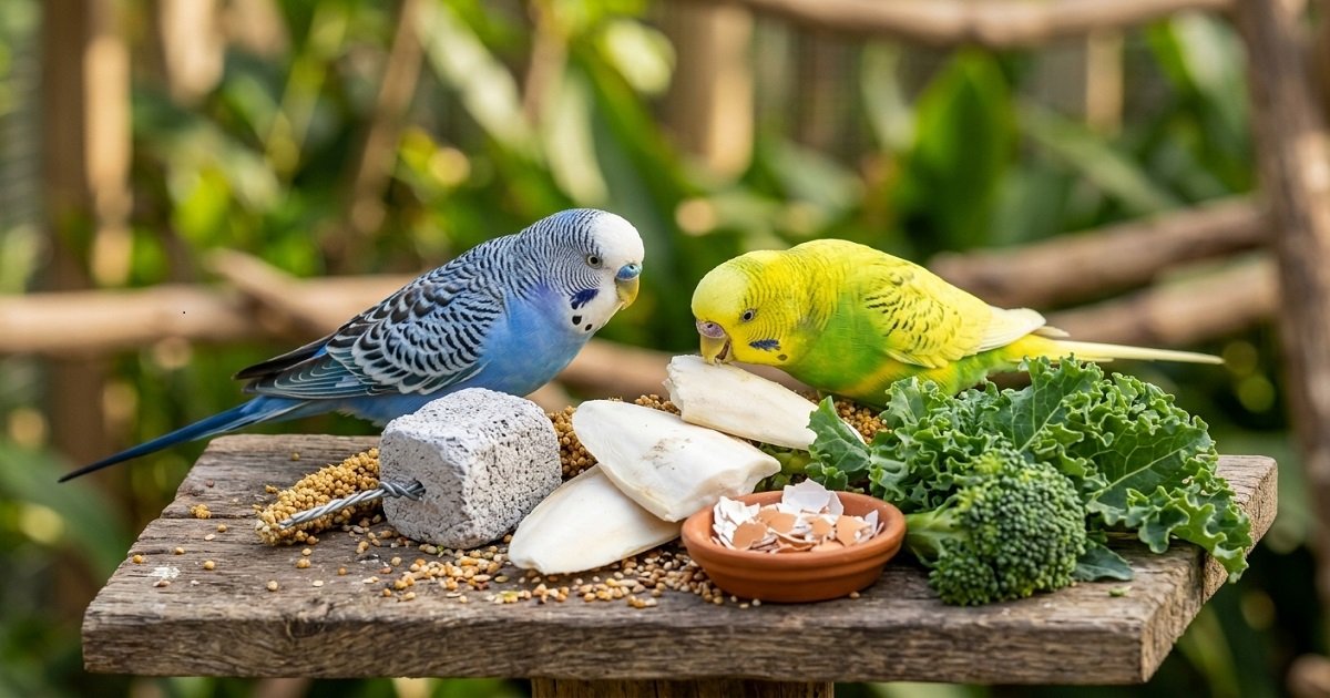 Two budgerigars eating calcium rich foods including cuttlefish bone mineral block crushed eggshells and kale