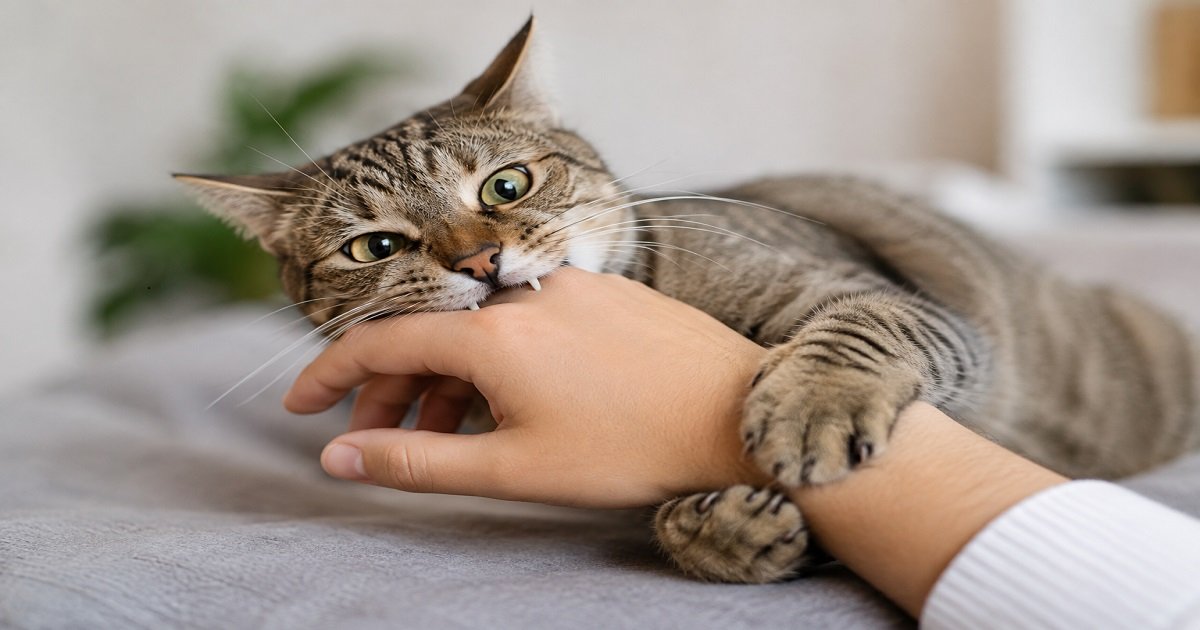 Why does a cat suddenly bite? Cat biting a human hand