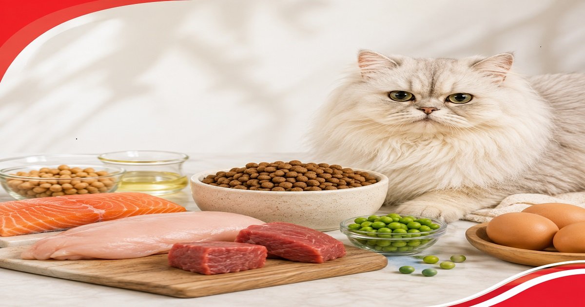 Persian cat with protein-rich foods including chicken, salmon, meat and eggs