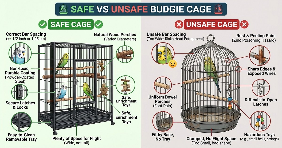 Safe vs unsafe budgie cage showing correct bar spacing, natural wood perches, safe locks and unsafe cage features
