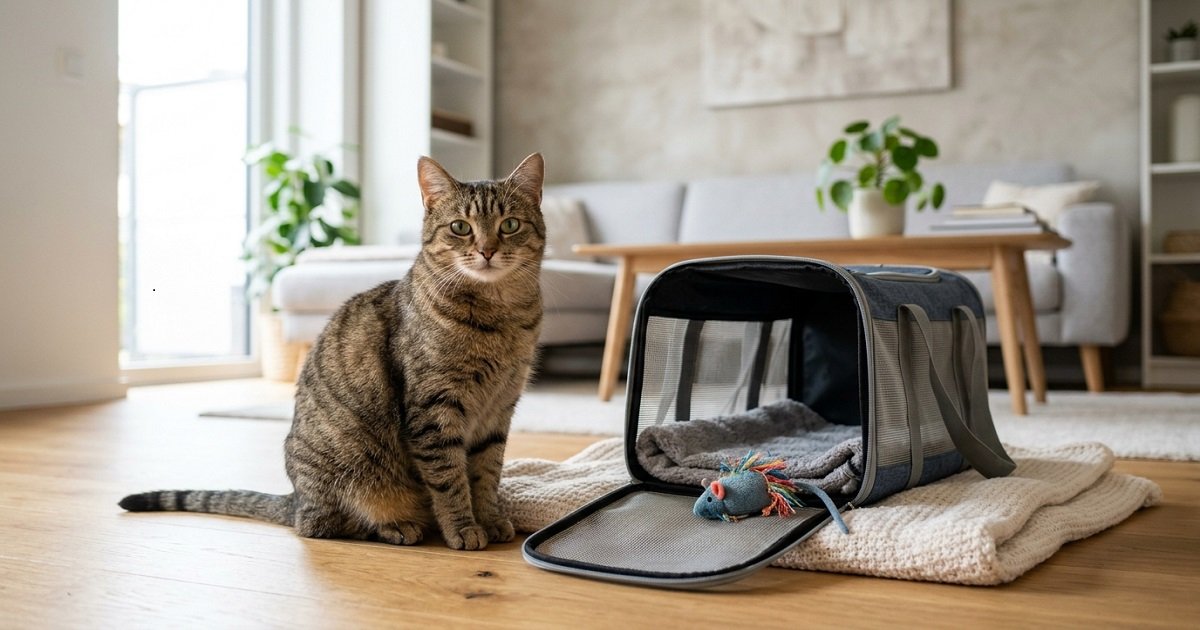 খোলা Cat Carrier-এর পাশে বসে থাকা বিড়াল