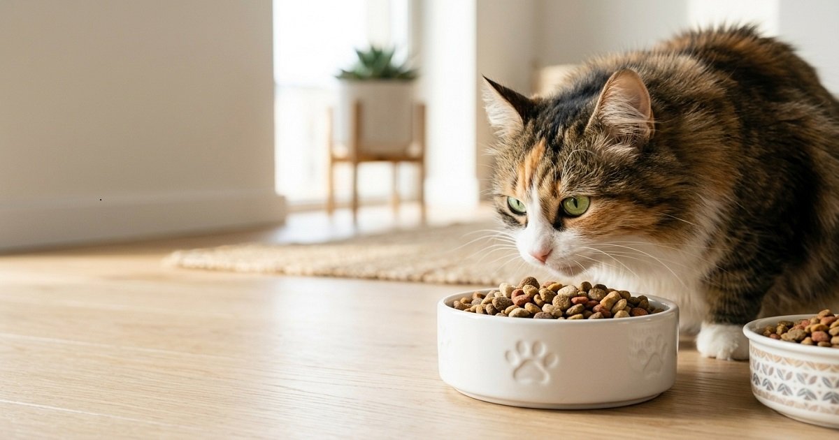 Healthy cat eating dry cat food from a bowl
