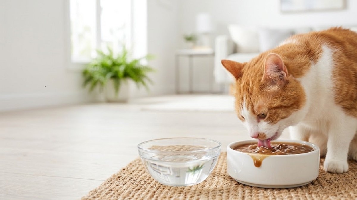 বিড়াল gravy সহ Wet Food খাচ্ছে এবং পাশে fresh water bowl রয়েছে