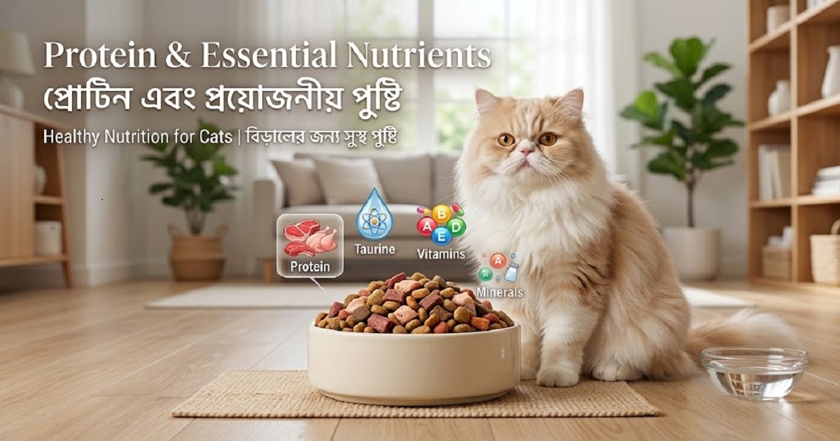 Cat food bowl showing protein and essential nutrients for cats