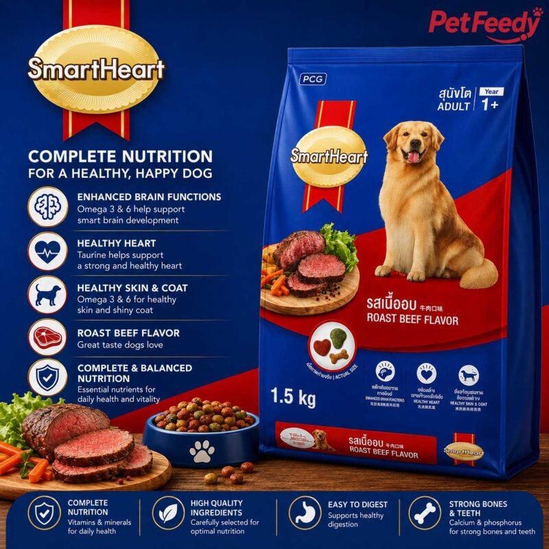SmartHeart Adult Dog Food Roast Beef Flavor 1.5kg premium dry dog food with complete and balanced nutrition for adult dogs.