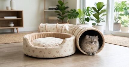 2-in-1 Pet Bed with Tunnel Paw Print design for cats 66x60cm