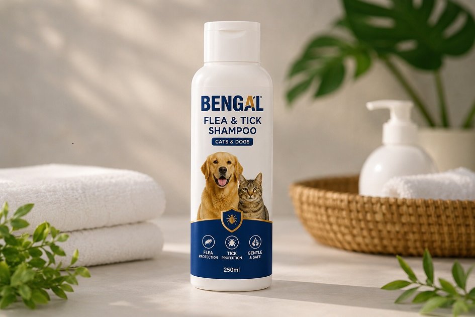 Bengal Flea & Tick Shampoo for Cats & Dogs 250ml Bengal Flea & Tick Shampoo 250ml bottle for cats and dogs that helps remove fleas and ticks while keeping the coat clean and healthy.