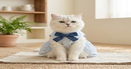 A poised white cat wears a blue-and-white striped dress featuring a dark blue bow tie, sitting on a jute rug in a light-filled room with shelves and a fern.