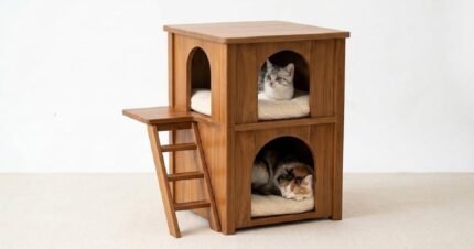 A two-story wooden cat house with arched entrances and soft cushions, featuring a sleeping cat on the lower level and a cat sitting on the upper level next to a wooden ladder.