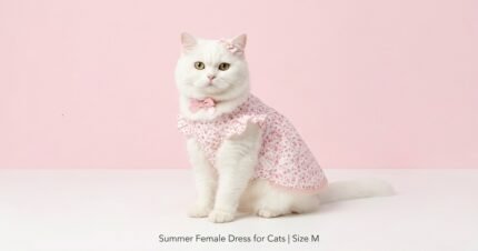 A fluffy white cat wearing a soft pink floral printed summer dress with ruffled sleeves and a matching pink bow headband, sitting against a pastel pink studio background.