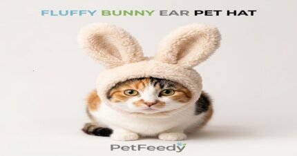 A fluffy cream-colored bunny ear pet hat worn by a cute calico cat with green eyes, sitting against a white background with "PetFeedy" logo.