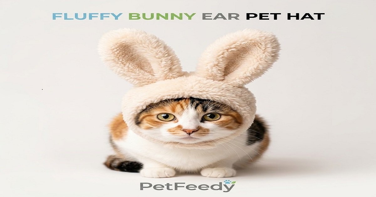 fluffy-bunny-ear-pet-hat-on-calico-cat.jpg A fluffy cream-colored bunny ear pet hat worn by a cute calico cat with green eyes, sitting against a white background with "PetFeedy" logo.