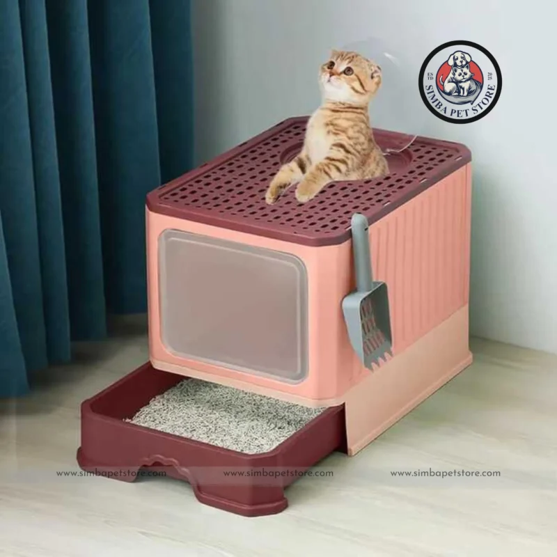 Foldable Cat Litter Box with Lid & Drawer System Large With Scoop