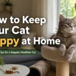 A happy cat sitting comfortably on a window perch at home