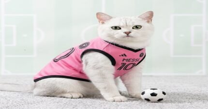 A cute white cat wearing a pink sleeveless Messi 10 football jersey sitting next to a miniature soccer ball in a studio.