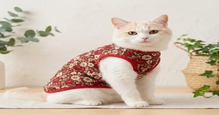 White cat wearing a red floral sleeveless soft summer dress