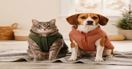 A cat wearing a sage green quilted winter vest sitting beside a beagle dog in a terracotta rust padded jacket, ecommerce product photography.
