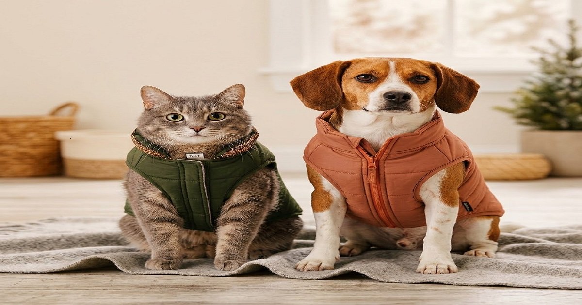 Aesthetic Earth-Tone Pet Winter Collection: Padded Quilted Vests A cat wearing a sage green quilted winter vest sitting beside a beagle dog in a terracotta rust padded jacket, ecommerce product photography.