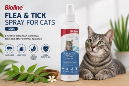 Bioline Flea & Tick Spray for Cats 175ml bottle with a healthy grey cat, providing effective flea and tick protection for cats.