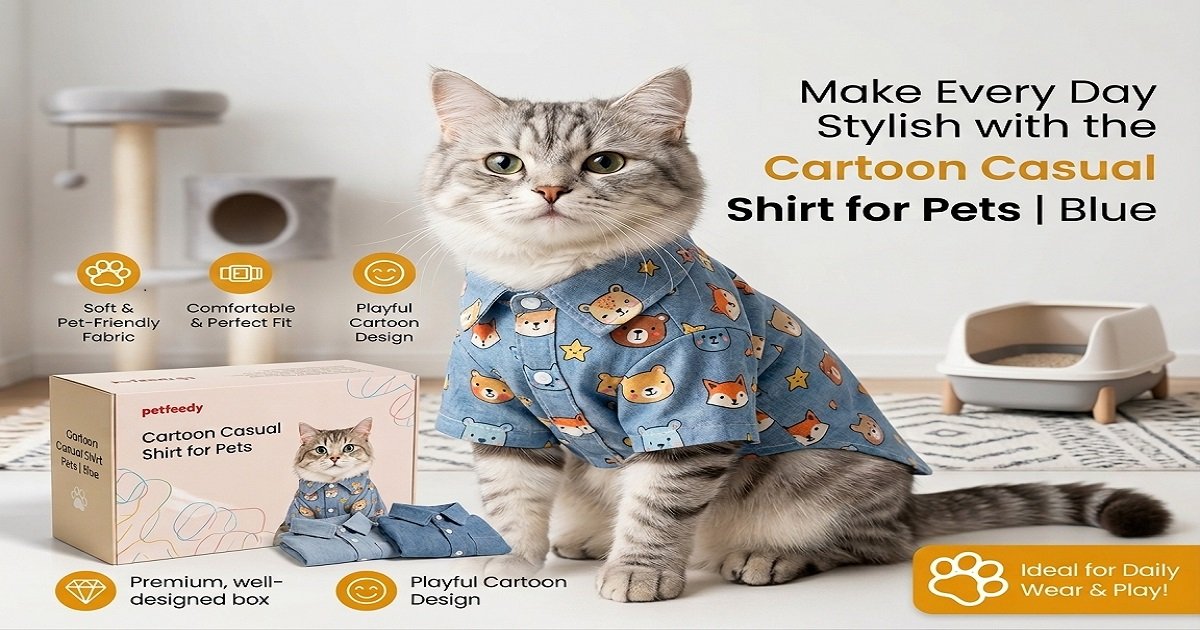 Cartoon Casual Shirt for Pets - Blue A tabby cat wearing a stylish blue cartoon casual shirt next to its product packaging and feature highlights.
