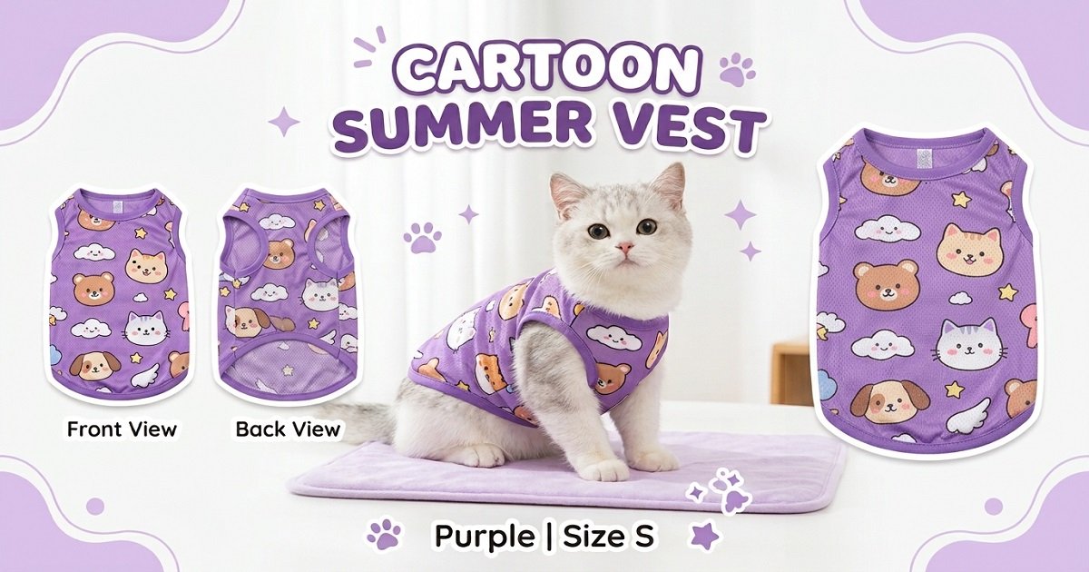 Cartoon Summer Casual Vest | Purple | Size S Purple cartoon summer casual vest for cats and small pets size S