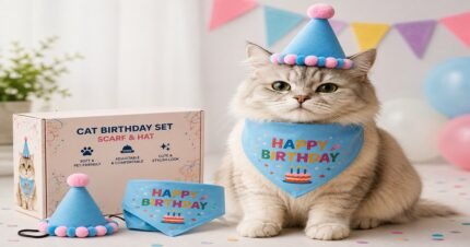 Fluffy cat wearing a blue birthday hat and Happy Birthday scarf with matching cat birthday accessories