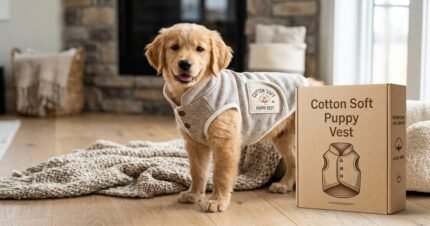 A adorable golden retriever puppy wearing a gray cotton soft puppy vest, standing next to its branded product box in a warm, modern living room.