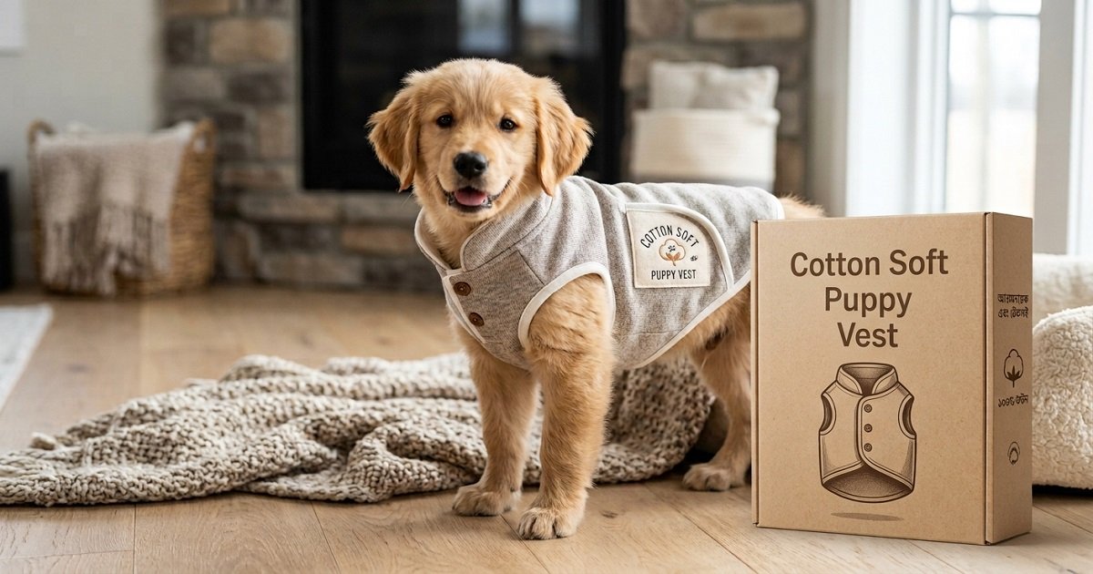 Cotton Soft Puppy Vest – Premium Comfort Dog Apparel A adorable golden retriever puppy wearing a gray cotton soft puppy vest, standing next to its branded product box in a warm, modern living room.