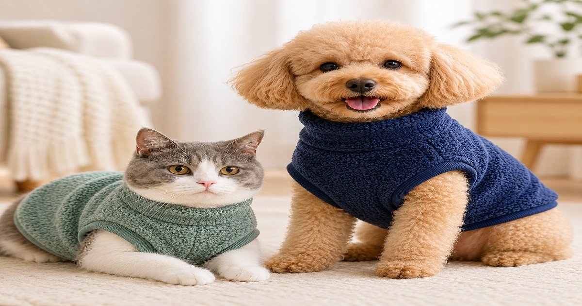 Cozy Soft Fleece Sweater for Dogs and Cats | Warm Winter Pet Clothes Toy poodle in navy blue sweater sitting next to a cat in sage green sweater