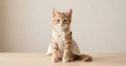 Sleeveless Summer Dress with Bow for Cats in Cream Stripes Size M