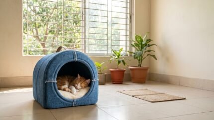 Blue denim pet house with soft bed for a comfortable cat