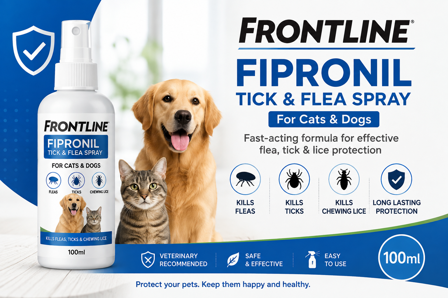 Frontline Fipronil Tick & Flea Spray 100ml for Cats & Dogs Frontline Fipronil Tick & Flea Spray 100ml for cats and dogs providing effective flea, tick and chewing lice protection.