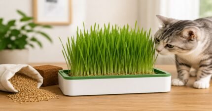 Fresh cat grass growing kit with green grass and curious cat