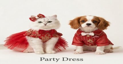 A white Persian cat wearing a red and gold embroidered net frill dress and a Cavalier King Charles Spaniel puppy wearing a matching red tweed vest, sitting side by side on a bright white background.