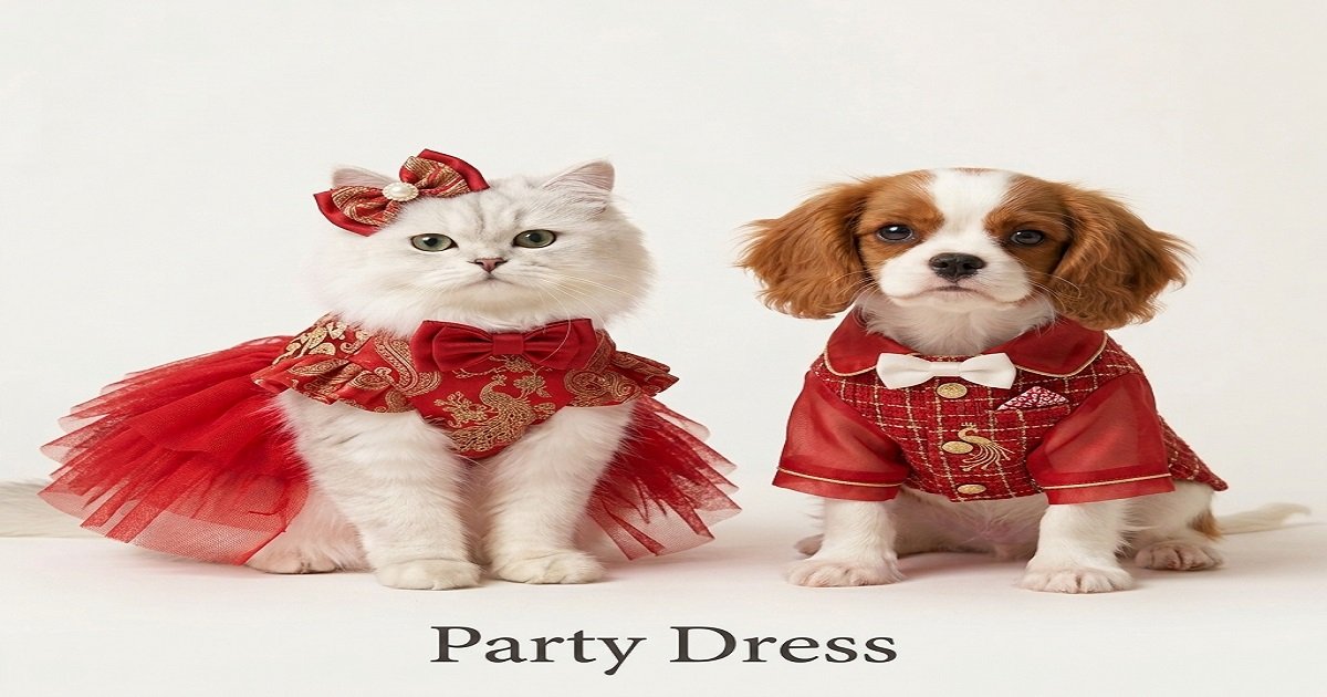 A white Persian cat wearing a red and gold embroidered net frill dress and a Cavalier King Charles Spaniel puppy wearing a matching red tweed vest, sitting side by side on a bright white background.