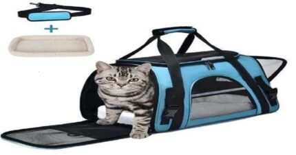 Furry Critters Foldable Pet Carry Bag with a cat inside, featuring a comfortable blue and black design