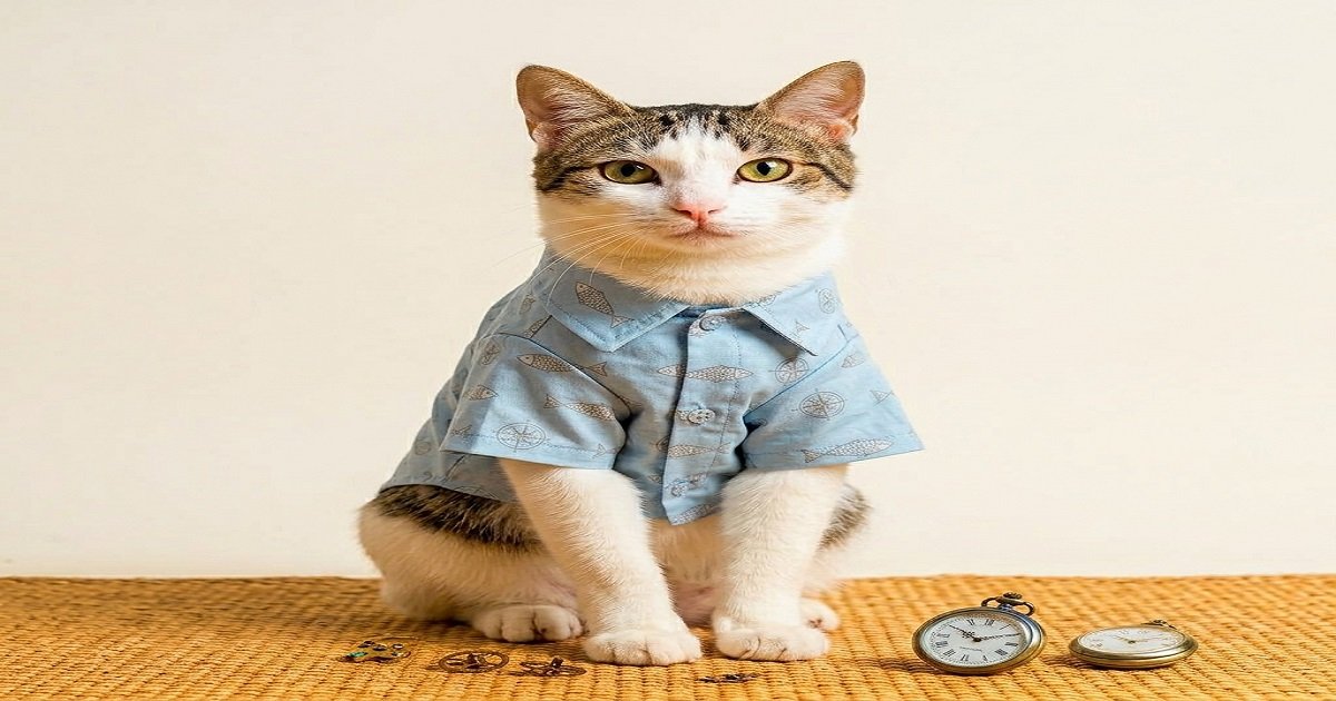 Printed Half Sleeve Shirt for Cats Light Blue Pet Apparel A cute tabby and white cat sitting against a clean off-white background wearing a light blue half sleeve button-down shirt with a fish print.