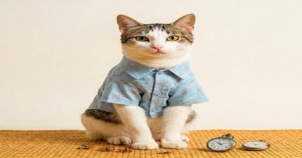 A cute tabby and white cat sitting against a clean off-white background wearing a light blue half sleeve button-down shirt with a fish print.