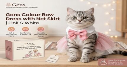 A grey tabby cat wearing a pink and white pet dress with a bow, sitting next to a product box in a cozy home setting.
