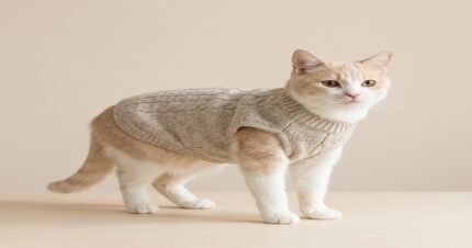 A cute cat wearing a beige sleeveless soft-knit sweater dress, standing on a light wooden surface against a clean beige background in a studio setting.