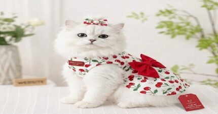 A fluffy white Persian cat wearing a white sleeveless dress with cherry print and a big red bow, sitting on a white table.