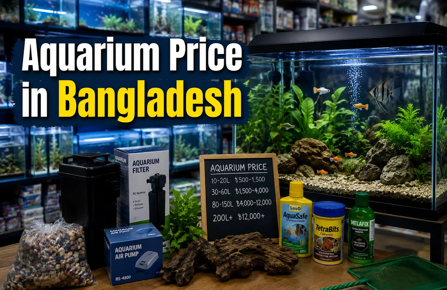 Alt Text: Different sizes of aquarium tanks with price range available in Bangladesh
