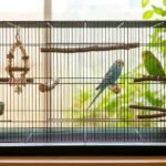 A light blue and a green budgerigar inside a wide rectangular bird cage equipped with natural wood perches, stainless steel food bowls, a wooden toy, and a bright background.