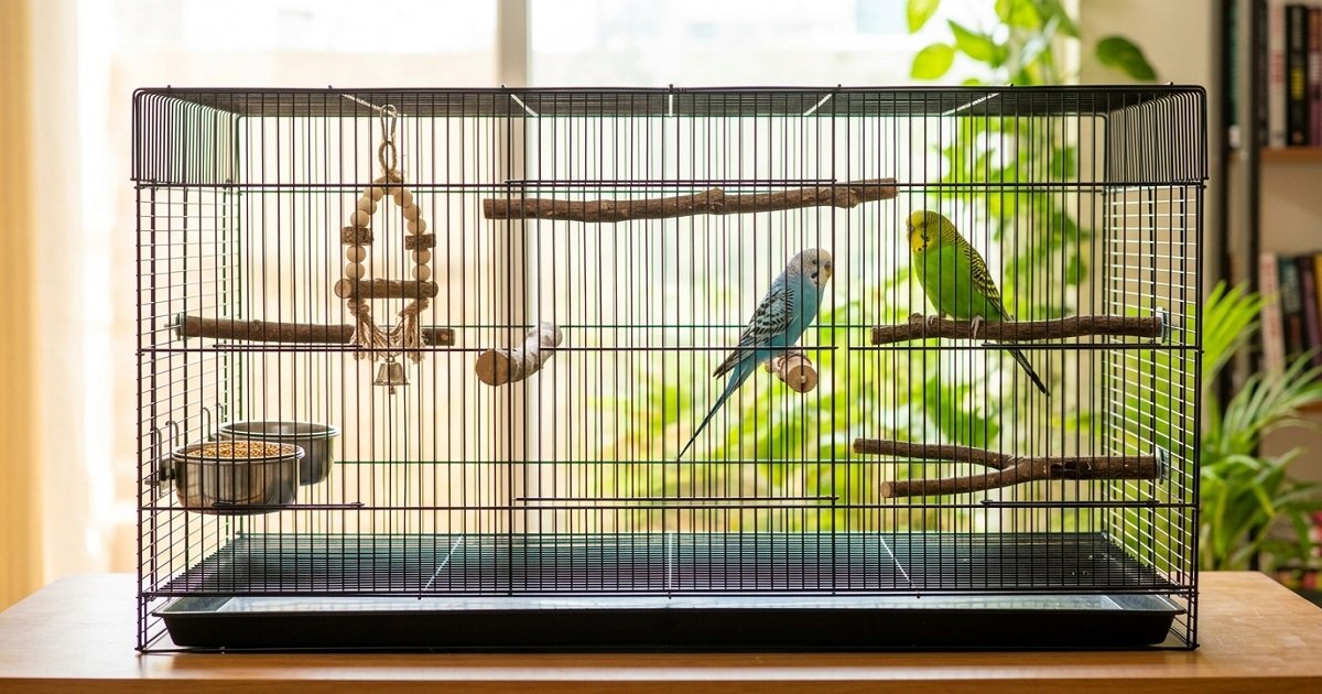 A light blue and a green budgerigar inside a wide rectangular bird cage equipped with natural wood perches, stainless steel food bowls, a wooden toy, and a bright background.