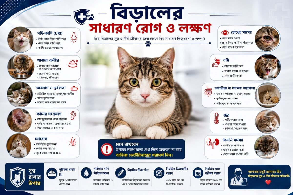 বিড়ালের সাধারণ রোগ, লক্ষণ ও পরিচর্যার ইনফোগ্রাফিক