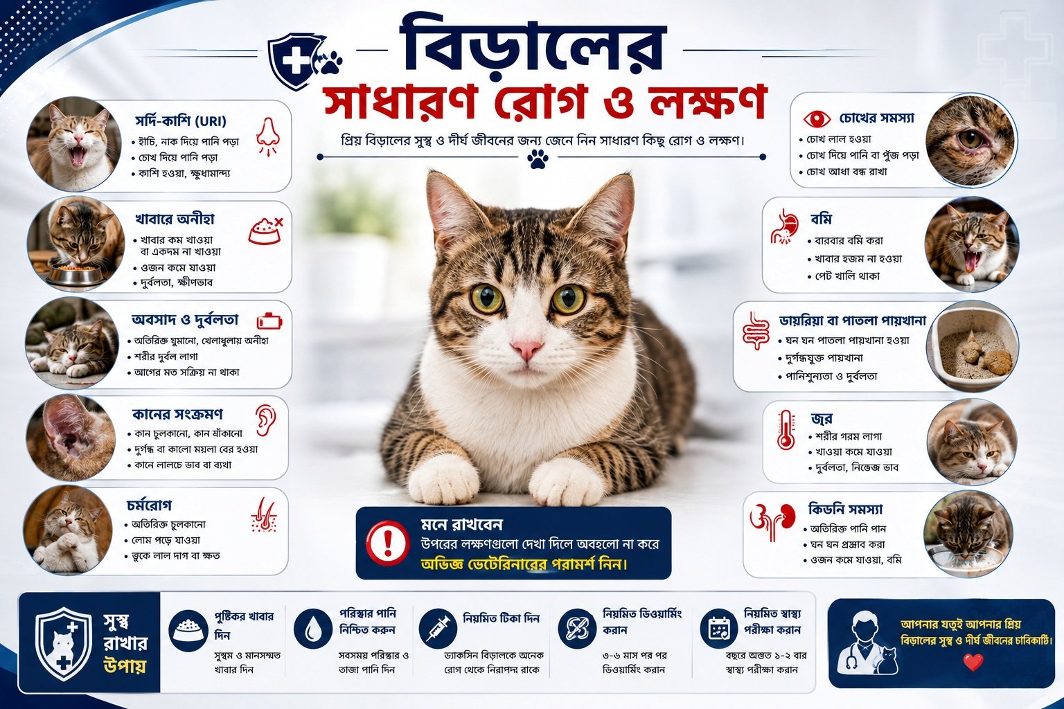 বিড়ালের সাধারণ রোগ, লক্ষণ ও পরিচর্যার ইনফোগ্রাফিক