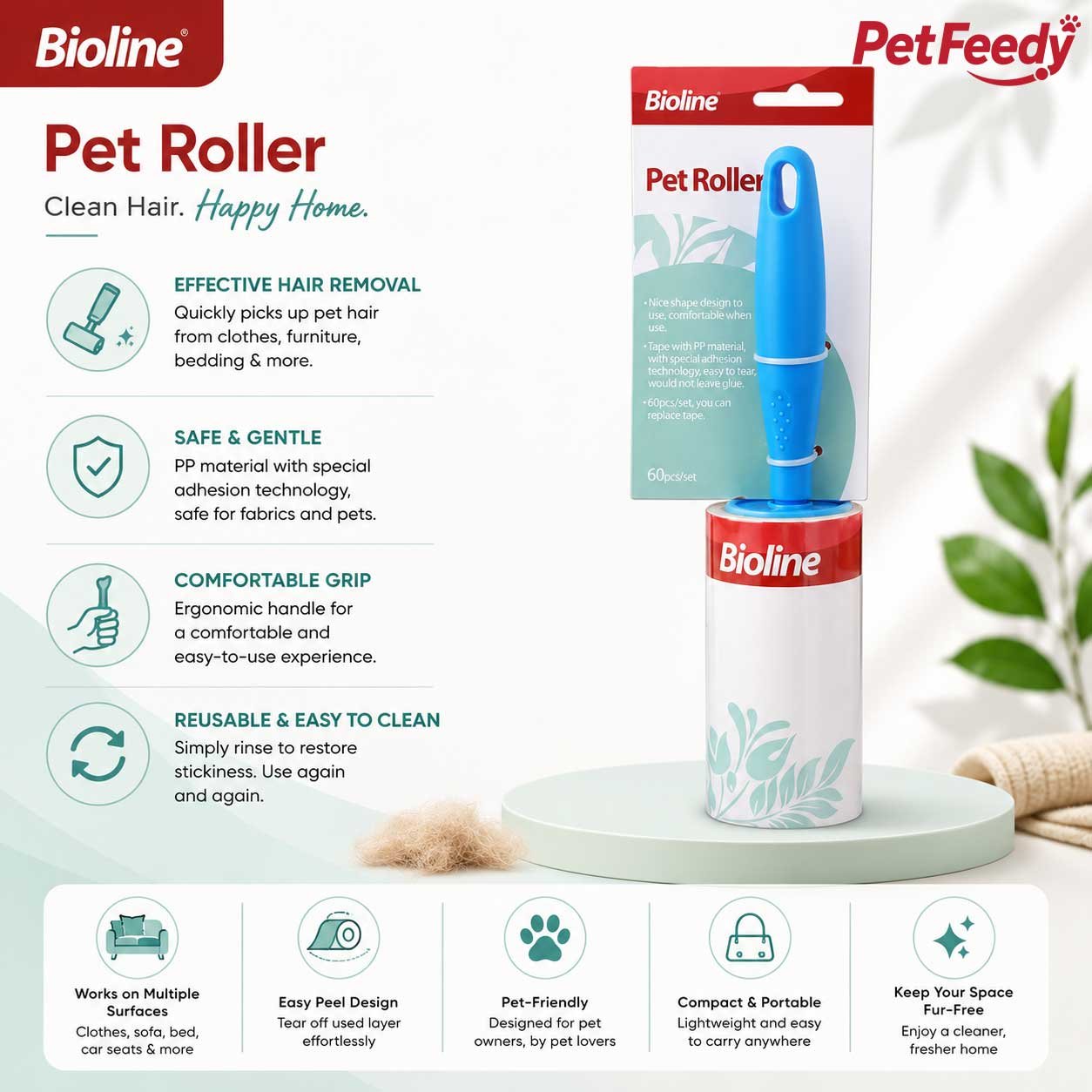 Bioline Pet Roller Pet Hair Remover 60pcs Bioline Pet Roller pet hair remover with 60 replacement sheets